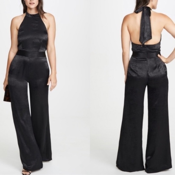 NWT MISA LOS ANGELES Xandra Black Hammered Satin wide leg Halter jumpsuit Small - Picture 4 of 11